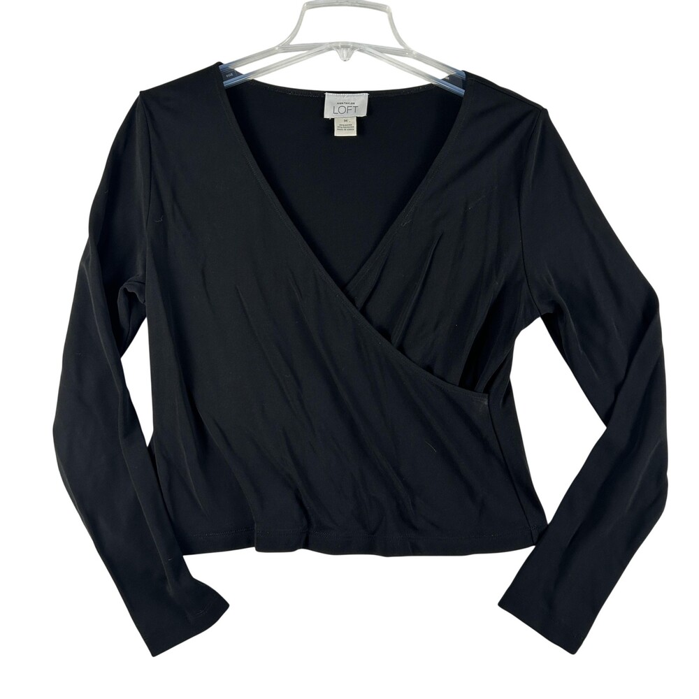Ann Taylor LOFT Blouse Womens Medium Black Wrap Front V-Neck Long Sleeve Basic